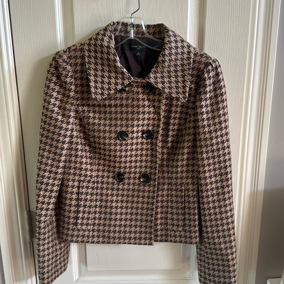 Nine West Womens Cropped Blazer size 6 Brown Double Breasted Houndstooth Lined - Picture 1 of 5